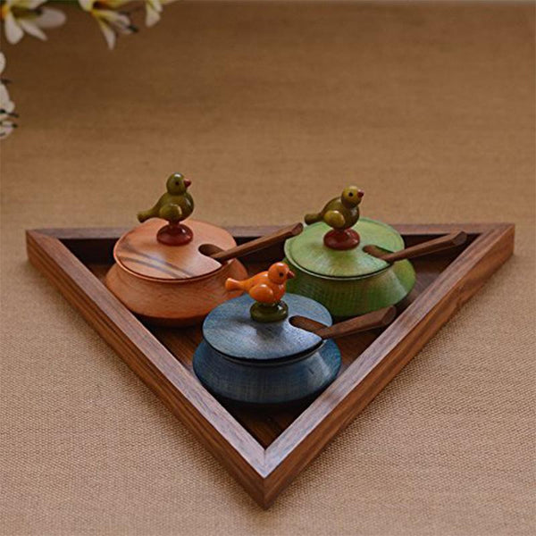 Multicoloured Triangular Wooden Parrot Jar Set With Tray & Spoon Created by Traditional Artisans