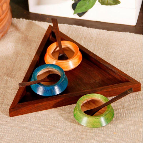 Multicoloured Triangular Wooden Parrot Jar Set With Tray & Spoon Created by Traditional Artisans