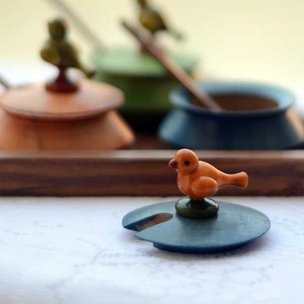 Multicoloured Triangular Wooden Parrot Jar Set With Tray & Spoon Created by Traditional Artisans