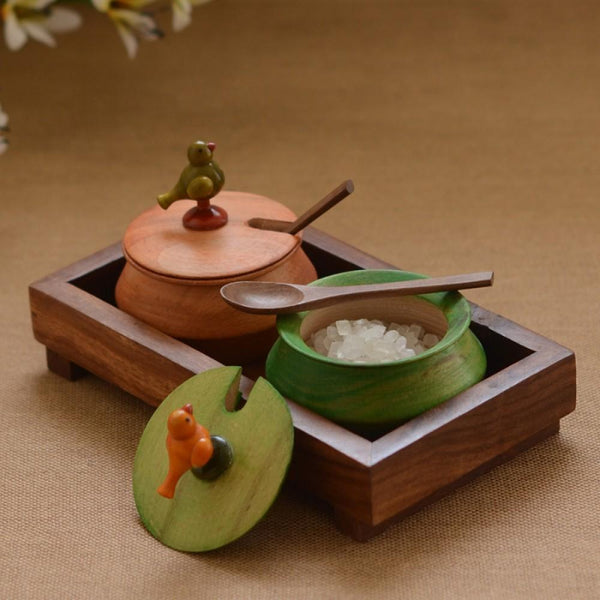 Multicoloured Rectangular Wooden Parrot Jar Set With Tray & Spoon Created by Traditional Artisans