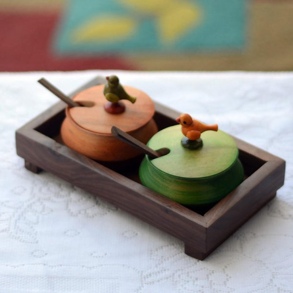 Multicoloured Rectangular Wooden Parrot Jar Set With Tray & Spoon Created by Traditional Artisans