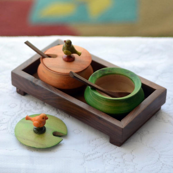 Multicoloured Rectangular Wooden Parrot Jar Set With Tray & Spoon Created by Traditional Artisans