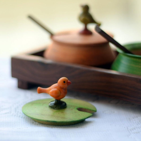 Multicoloured Rectangular Wooden Parrot Jar Set With Tray & Spoon Created by Traditional Artisans