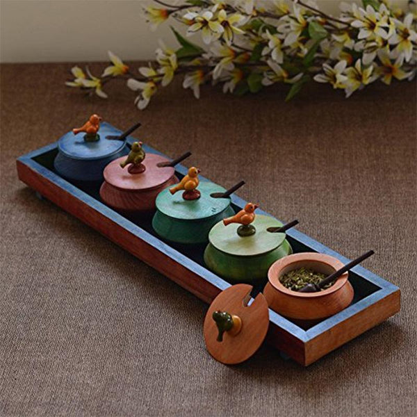 Hand-Carved Wooden Tray and Jar Set (Multi-Coloured) created by Traditional Artisans