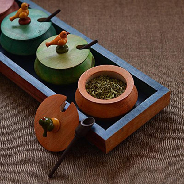 Hand-Carved Wooden Tray and Jar Set (Multi-Coloured) created by Traditional Artisans