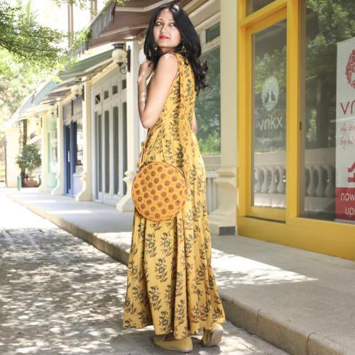 Naturally Dyed Ajrakh Dhol Sling Bag - Mustard
