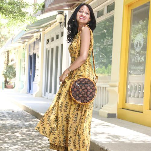 Naturally Dyed Ajrakh Dhol Sling Bag - Mustard