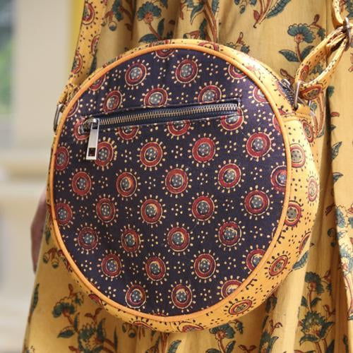 Naturally Dyed Ajrakh Dhol Sling Bag - Mustard