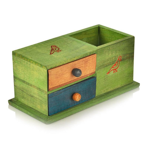 Multicoloured Wooden Decorative Table Organizer with Pen Stand Created by Traditional Artisans
