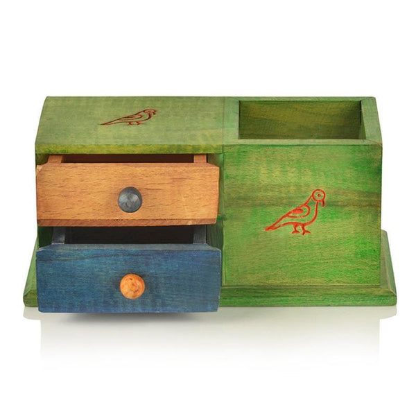 Multicoloured Wooden Decorative Table Organizer with Pen Stand Created by Traditional Artisans