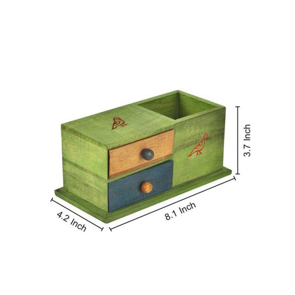 Multicoloured Wooden Decorative Table Organizer with Pen Stand Created by Traditional Artisans