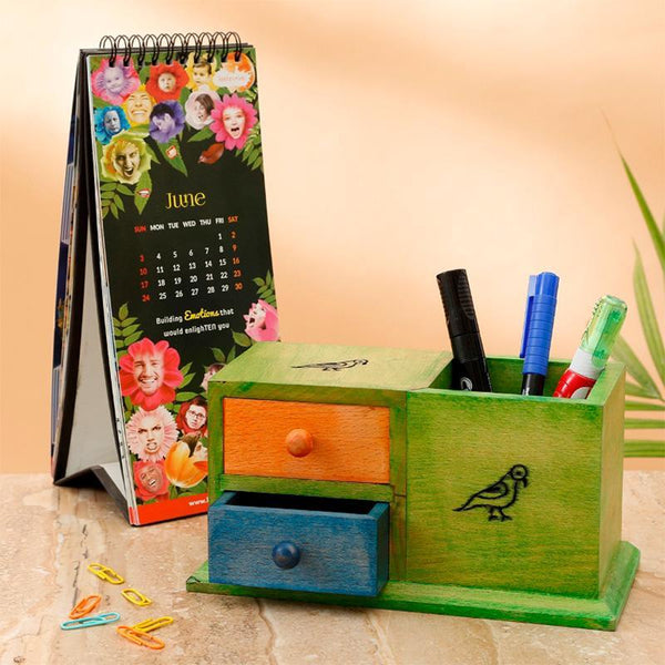 Multicoloured Wooden Decorative Table Organizer with Pen Stand Created by Traditional Artisans