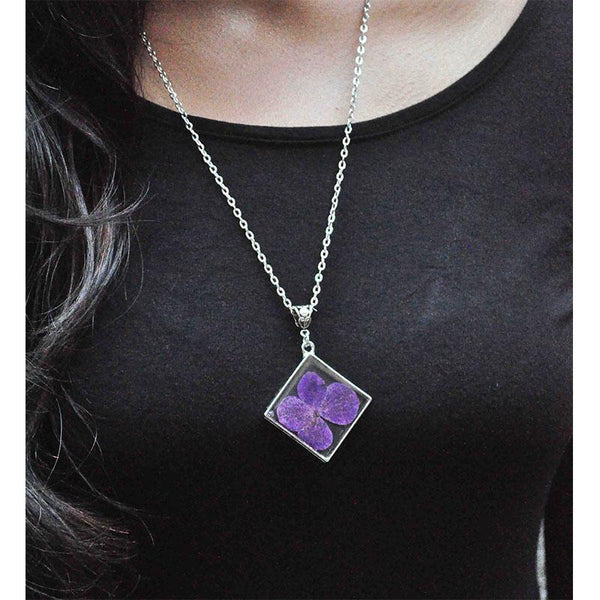 Rhombus-Shaped Pendant Necklace with Hand-Pressed Purple Hydrangea