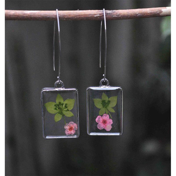 Rectangular Earrings  with Hand-Pressed Baby Pink Campion and Star Grass