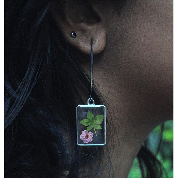 Rectangular Earrings  with Hand-Pressed Baby Pink Campion and Star Grass
