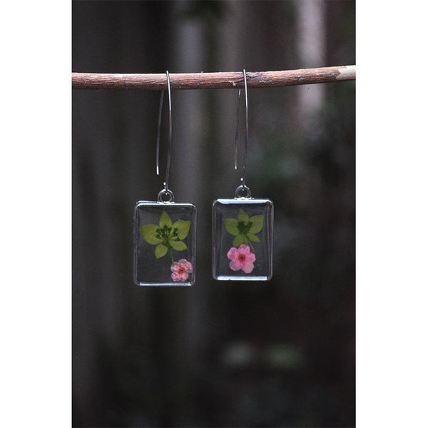 Rectangular Earrings  with Hand-Pressed Baby Pink Campion and Star Grass