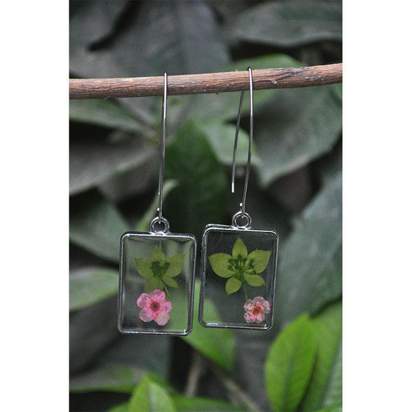 Rectangular Earrings  with Hand-Pressed Baby Pink Campion and Star Grass