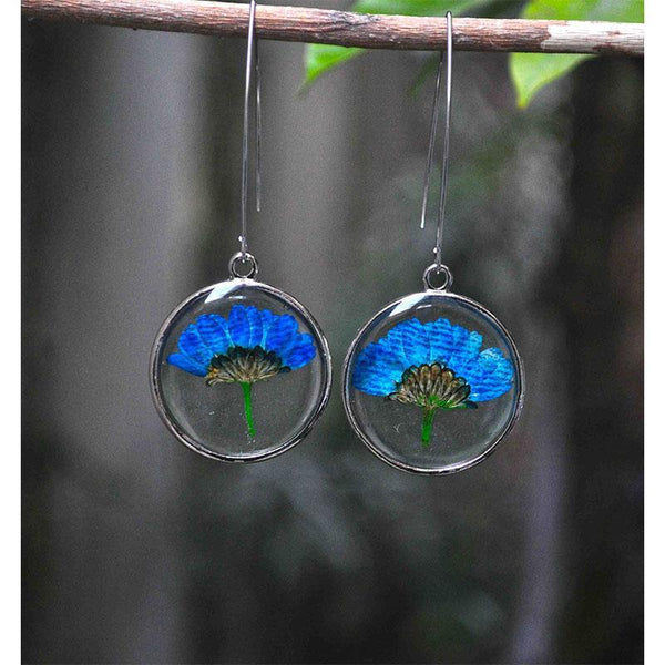 Round Earrings with Hand-Pressed Blue Felicia Daisy Flowers