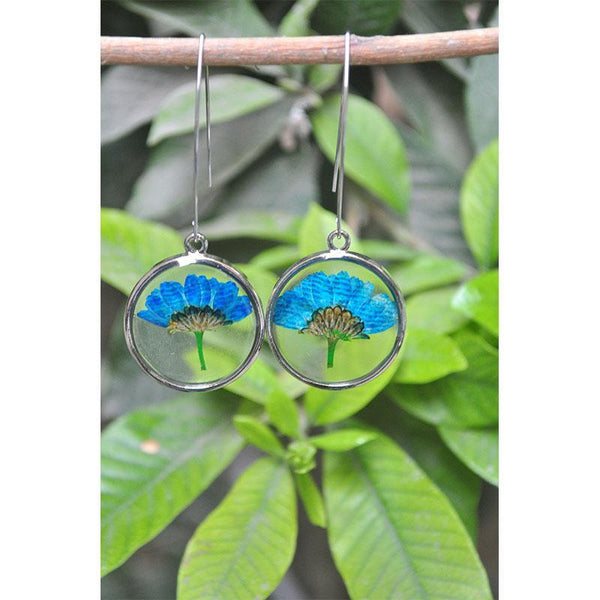 Round Earrings with Hand-Pressed Blue Felicia Daisy Flowers