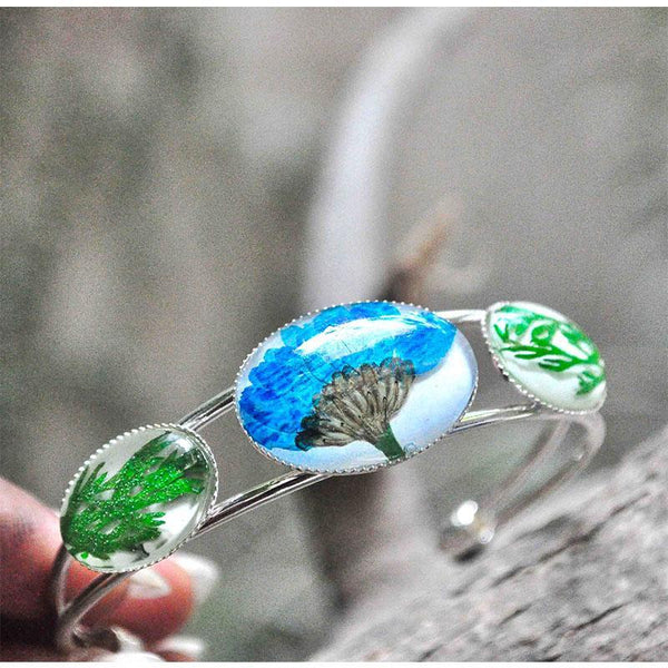 Adjustable Cuff Bracelet with Hand-Pressed Blue Felicia Daisy and Wisteria