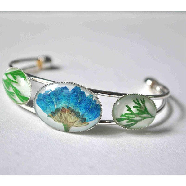 Adjustable Cuff Bracelet with Hand-Pressed Blue Felicia Daisy and Wisteria
