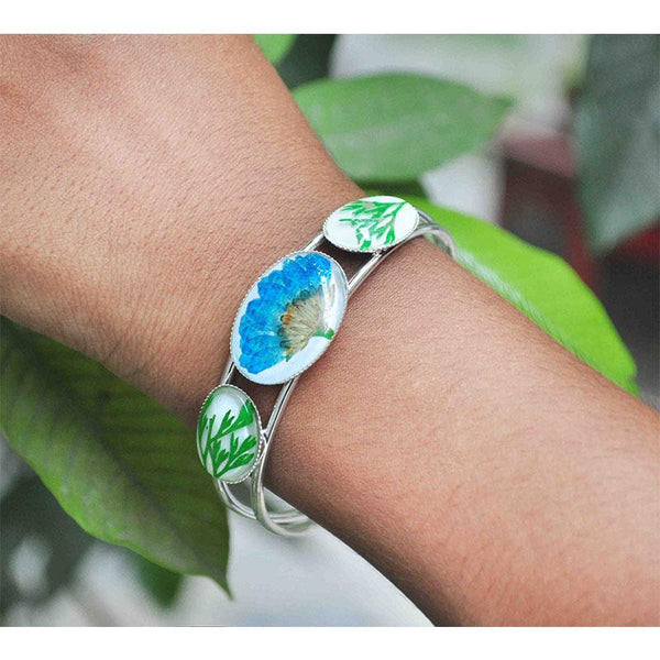 Adjustable Cuff Bracelet with Hand-Pressed Blue Felicia Daisy and Wisteria