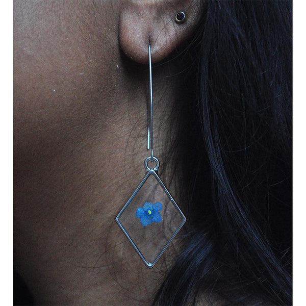 Diamond-Shaped Earrings with  Hand-Pressed Forget-Me-Nots