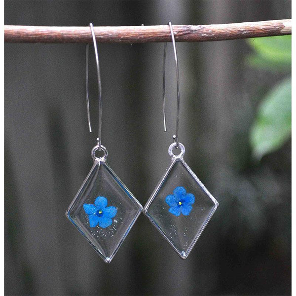 Diamond-Shaped Earrings with  Hand-Pressed Forget-Me-Nots