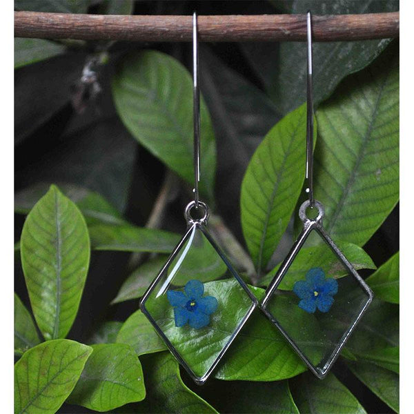 Diamond-Shaped Earrings with  Hand-Pressed Forget-Me-Nots