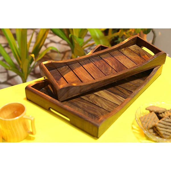 Hand-Carved Sheesham Wood Serving Trays - Set of 2 created by Traditional Artisans