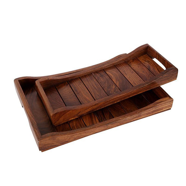 Hand-Carved Sheesham Wood Serving Trays - Set of 2 created by Traditional Artisans