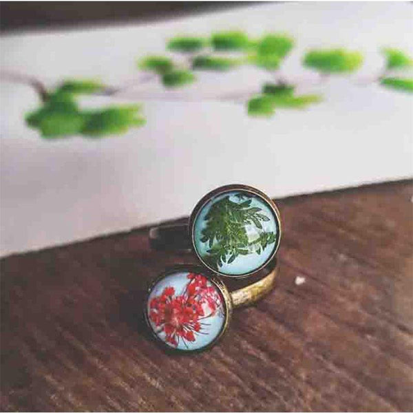 Dual Tone, Adjustable Ring with Hand-Pressed Coral Queen Anne's Lace Flower