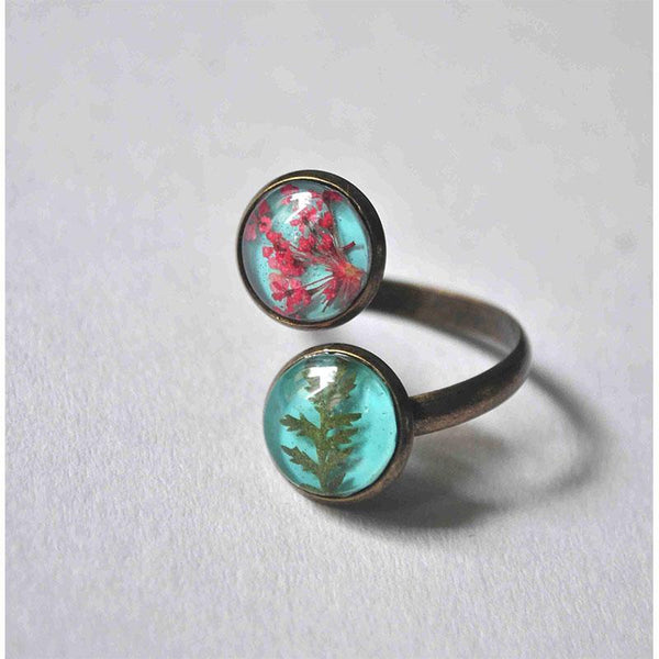 Dual Tone, Adjustable Ring with Hand-Pressed Coral Queen Anne's Lace Flower