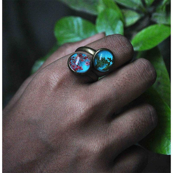 Dual Tone, Adjustable Ring with Hand-Pressed Coral Queen Anne's Lace Flower