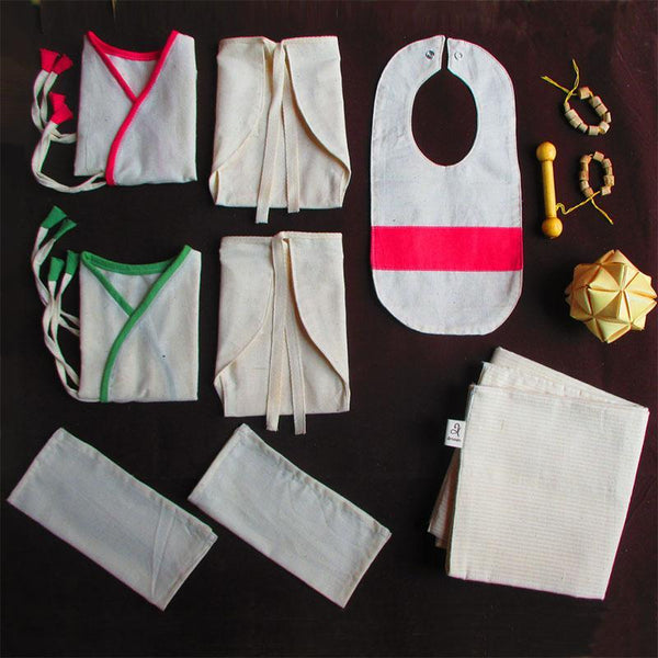 Baby Essentials (natural dyed handloom) and Natural Toy Set - Box 2 (0-6 months) created by artisans from Tamil Nadu