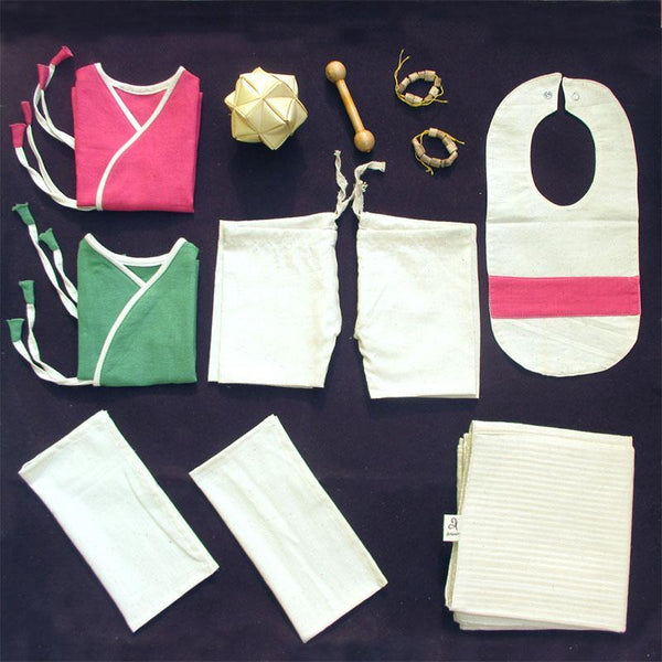Baby Essentials (natural dyed handloom) and Natural Toy Set - Box 8 (0-6 months) created by artisans from Tamil Nadu