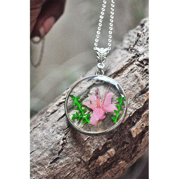 Round Pendant Necklace with Hand-Pressed Himalayan Rhododendron