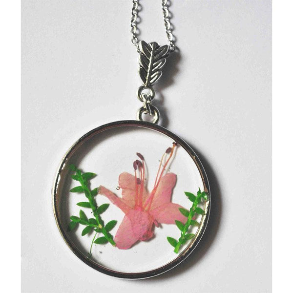 Round Pendant Necklace with Hand-Pressed Himalayan Rhododendron