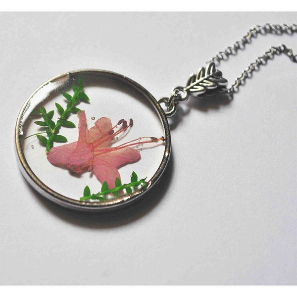 Round Pendant Necklace with Hand-Pressed Himalayan Rhododendron
