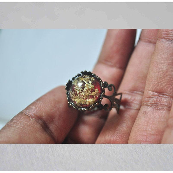 Maroon Filigree Cut-Out Ring with Hand-Pressed Queen Anne's Lace Flower