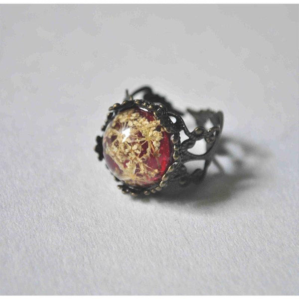 Maroon Filigree Cut-Out Ring with Hand-Pressed Queen Anne's Lace Flower