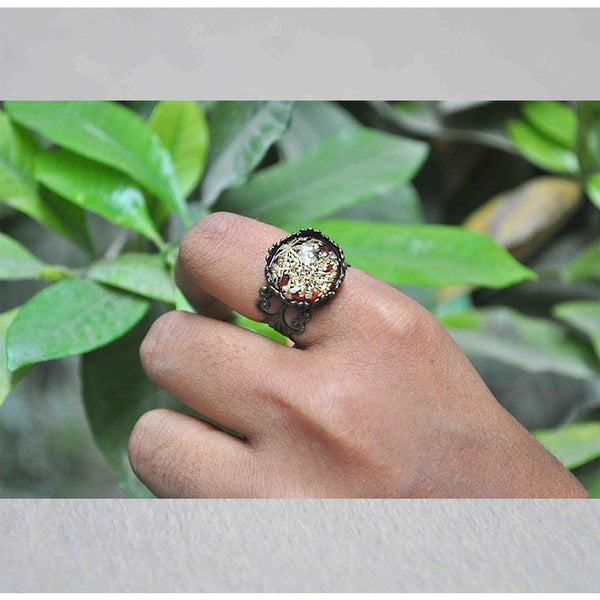 Maroon Filigree Cut-Out Ring with Hand-Pressed Queen Anne's Lace Flower