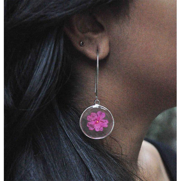 Round Earrings with Hand-Pressed Lemon Verbena Flowers