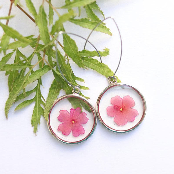 Round Earrings with Hand-Pressed Lemon Verbena Flowers