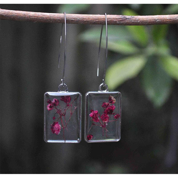 Rectangular Earrings  with Hand-Pressed Maroon Gypsophillie Flowers
