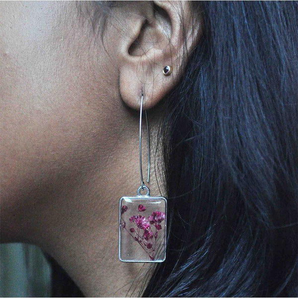 Rectangular Earrings  with Hand-Pressed Maroon Gypsophillie Flowers