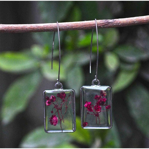 Rectangular Earrings  with Hand-Pressed Maroon Gypsophillie Flowers