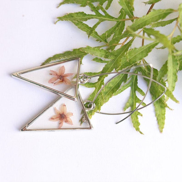 Triangular Earrings with Hand-Pressed Pink Coral Vine Flowers