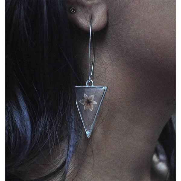 Triangular Earrings with Hand-Pressed Pink Coral Vine Flowers