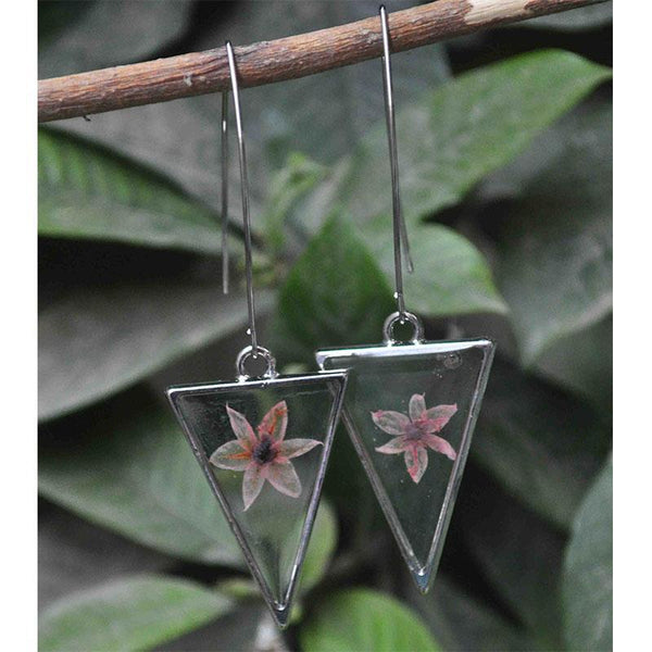 Triangular Earrings with Hand-Pressed Pink Coral Vine Flowers